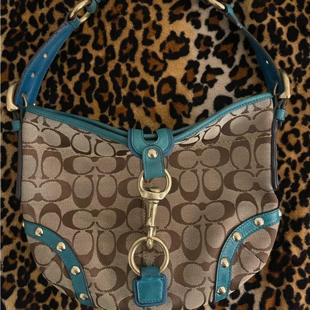 Coach Signature Canvas and Teal Leather Hobo Bag